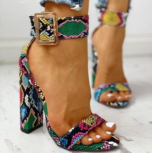 Snakeskin Ankle Buckled Chunky Heeled Sandals